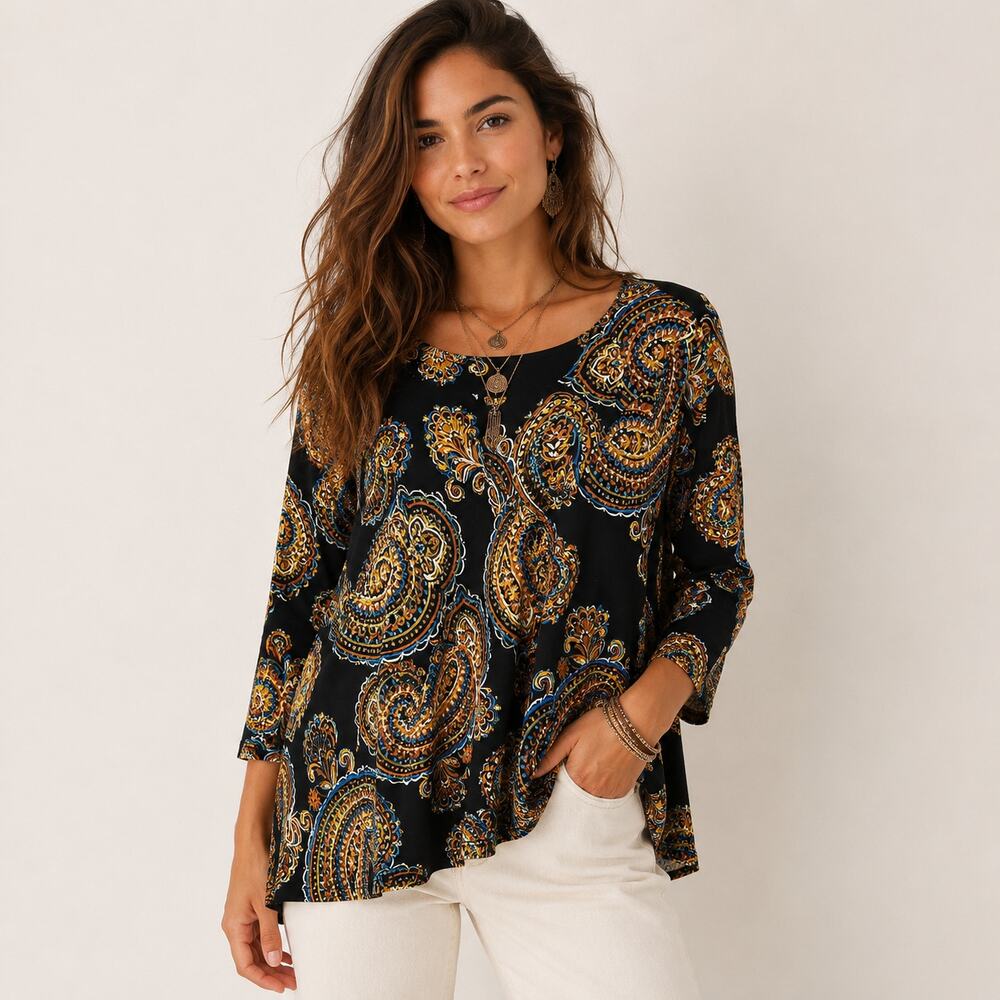 Susan Graver Liquid Knit Blouse Women's Size XL Gold Paisley Boho Casual Office